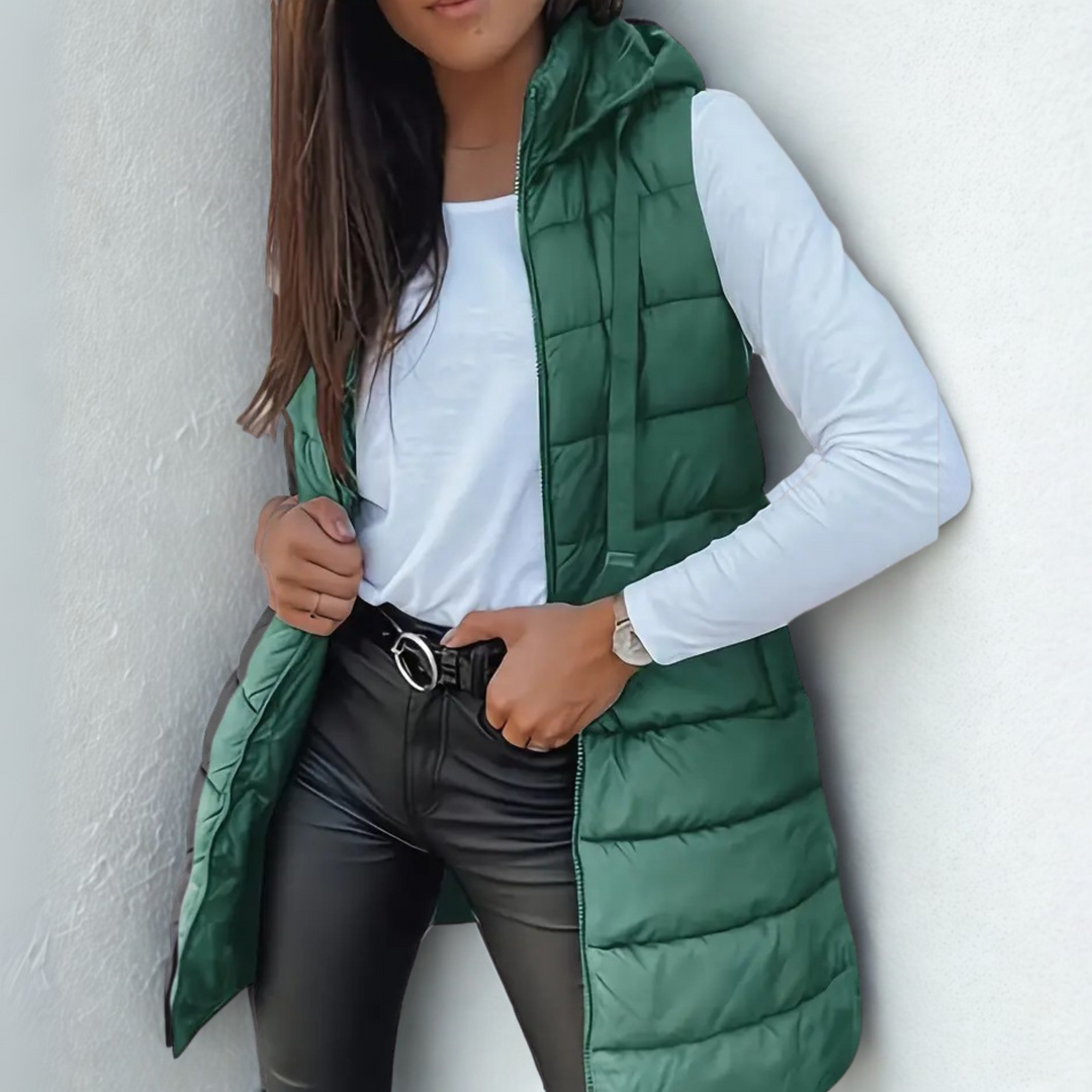 Petalled Long Quilted Hooded Gilet for Women | Arlisse