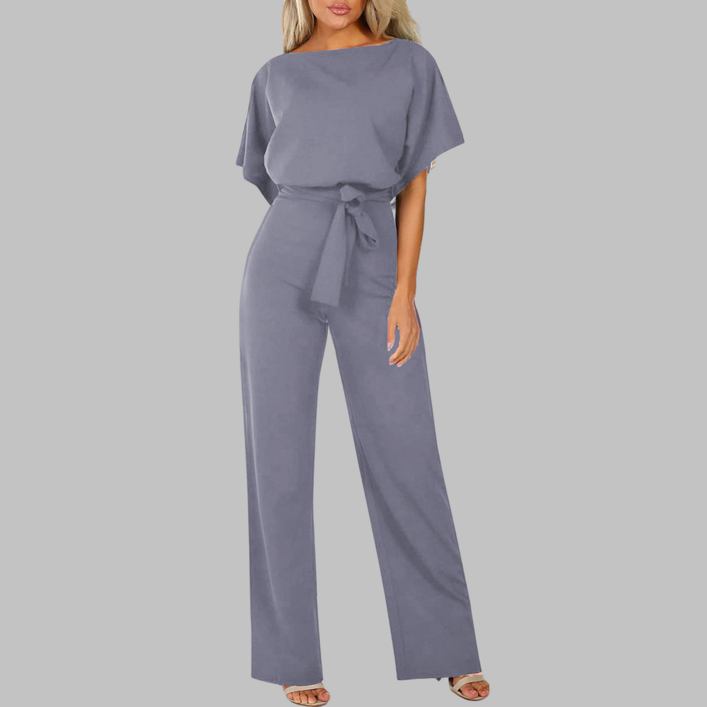 Muted Casual Tie Front Batwing Sleeve Jumpsuit For Women | Elanora