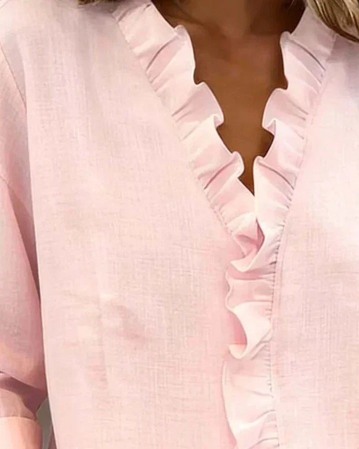 Centered Blouse with ruffled V-neck and long sleeves for women | Indie