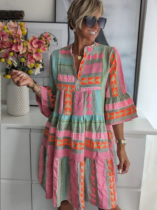 Twinkling Chic V-neck cotton hemp summer dress for women | Ava