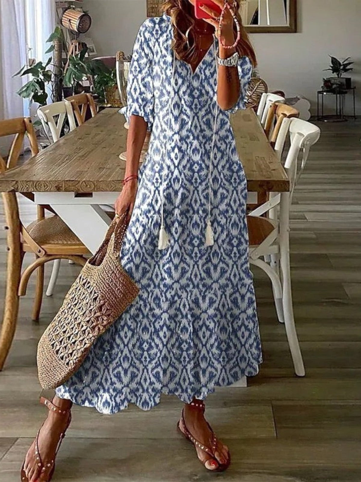 Festive Boho vintage V-neck summer dress for women | Sophia