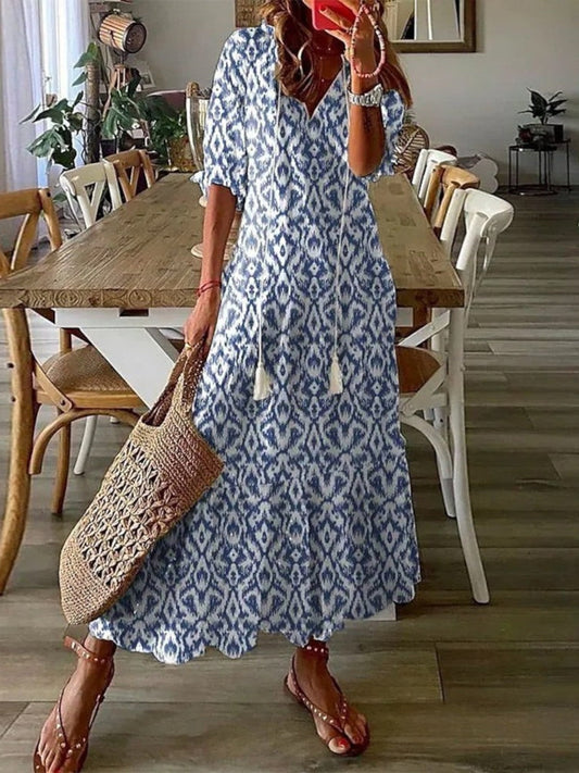 Festive Boho vintage V-neck summer dress for women | Sophia