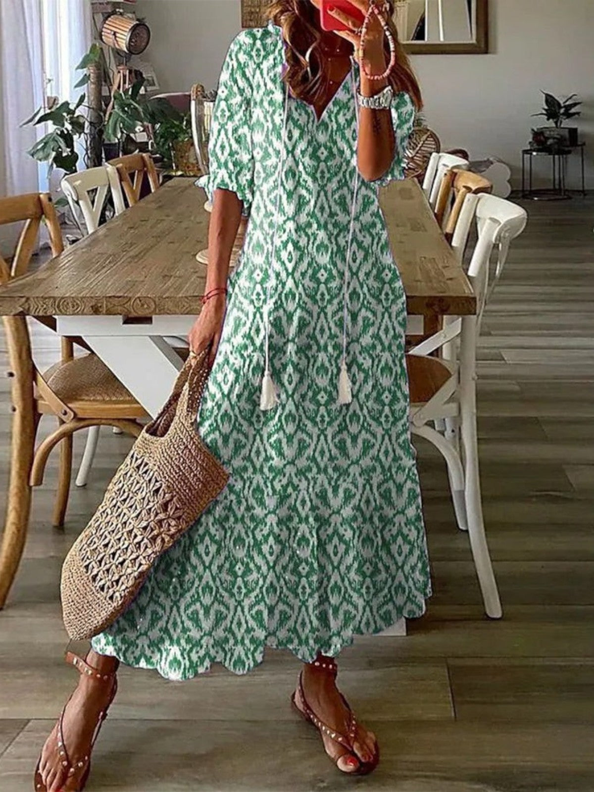 Festive Boho vintage V-neck summer dress for women | Sophia