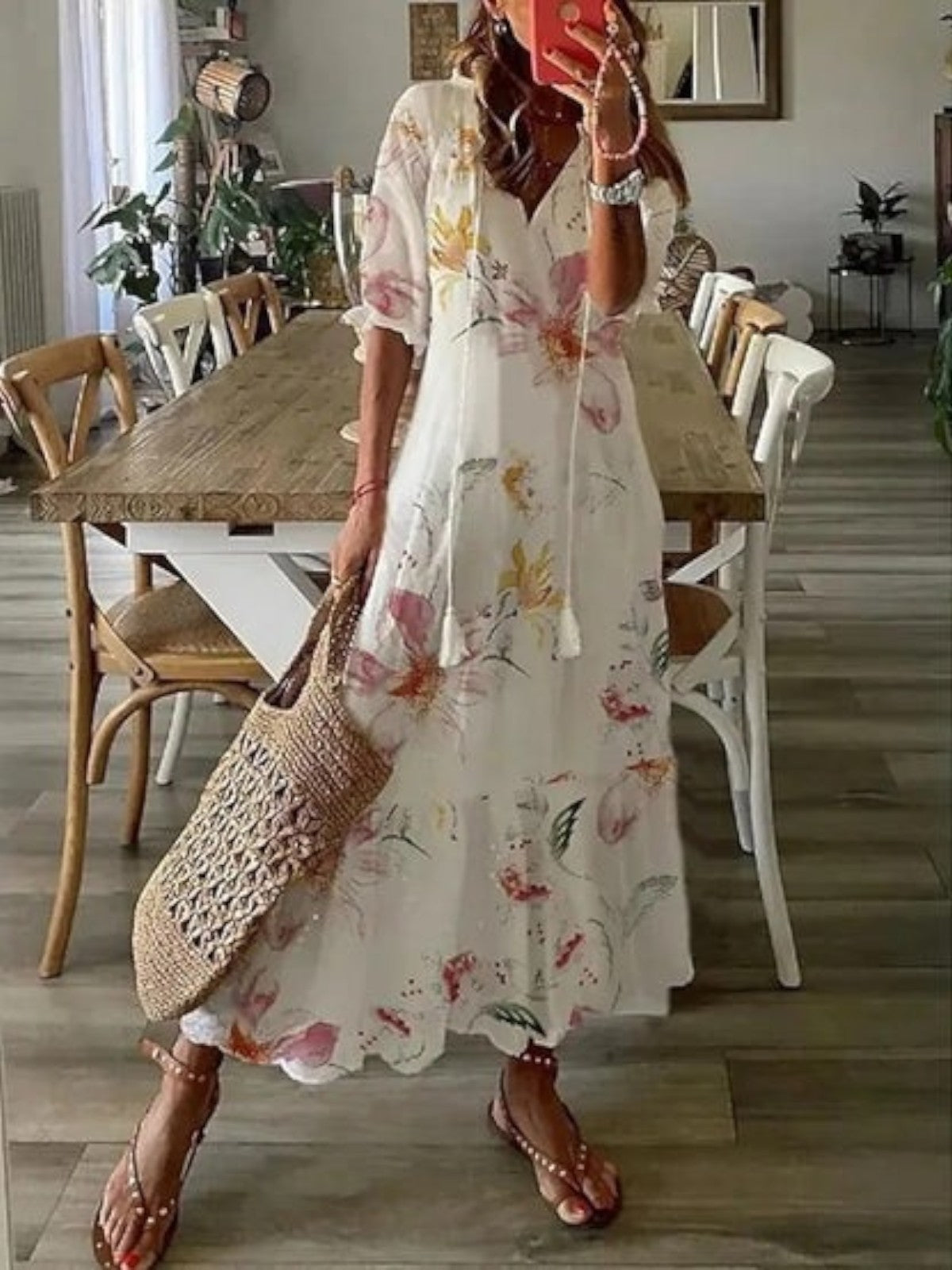 Festive Boho vintage V-neck summer dress for women | Sophia