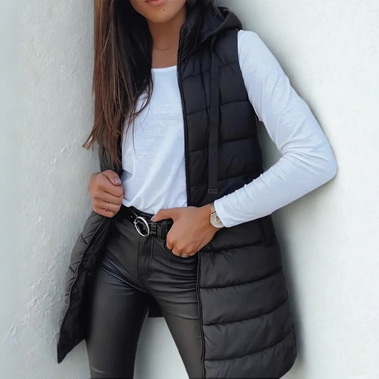 Petalled Long Quilted Hooded Gilet for Women | Arlisse
