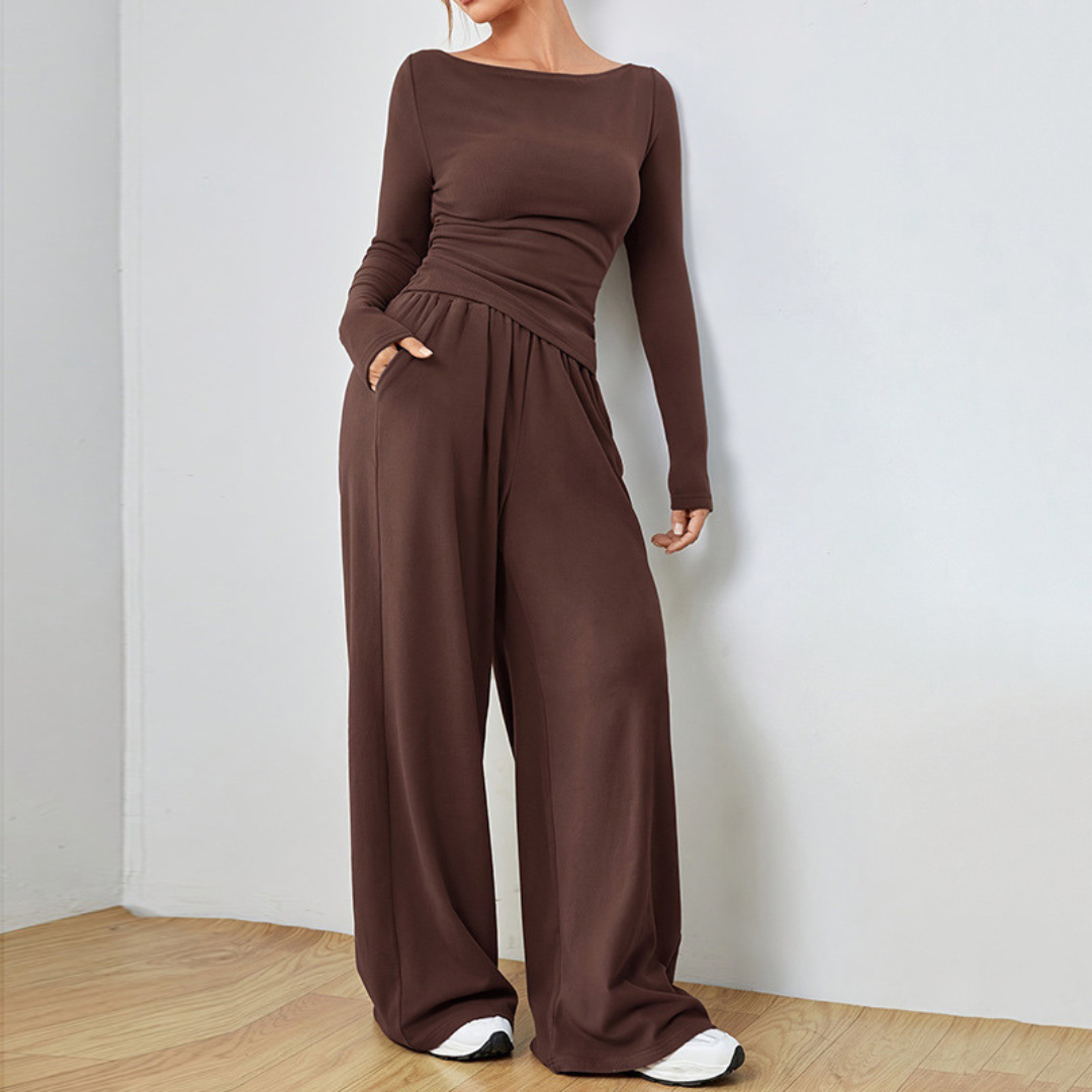 Rich Long Sleeve Top And Wide Leg Trousers Set For Women | Selene