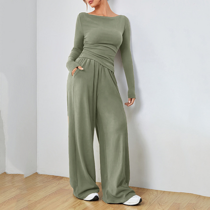 Rich Long Sleeve Top And Wide Leg Trousers Set For Women | Selene