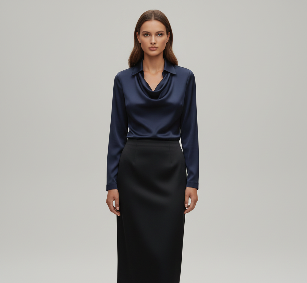 Woodland Elegant satin blouse with soft draped collar for women | Valerios