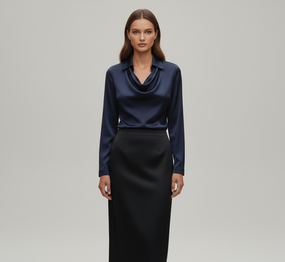 Woodland Elegant satin blouse with soft draped collar for women | Valerios