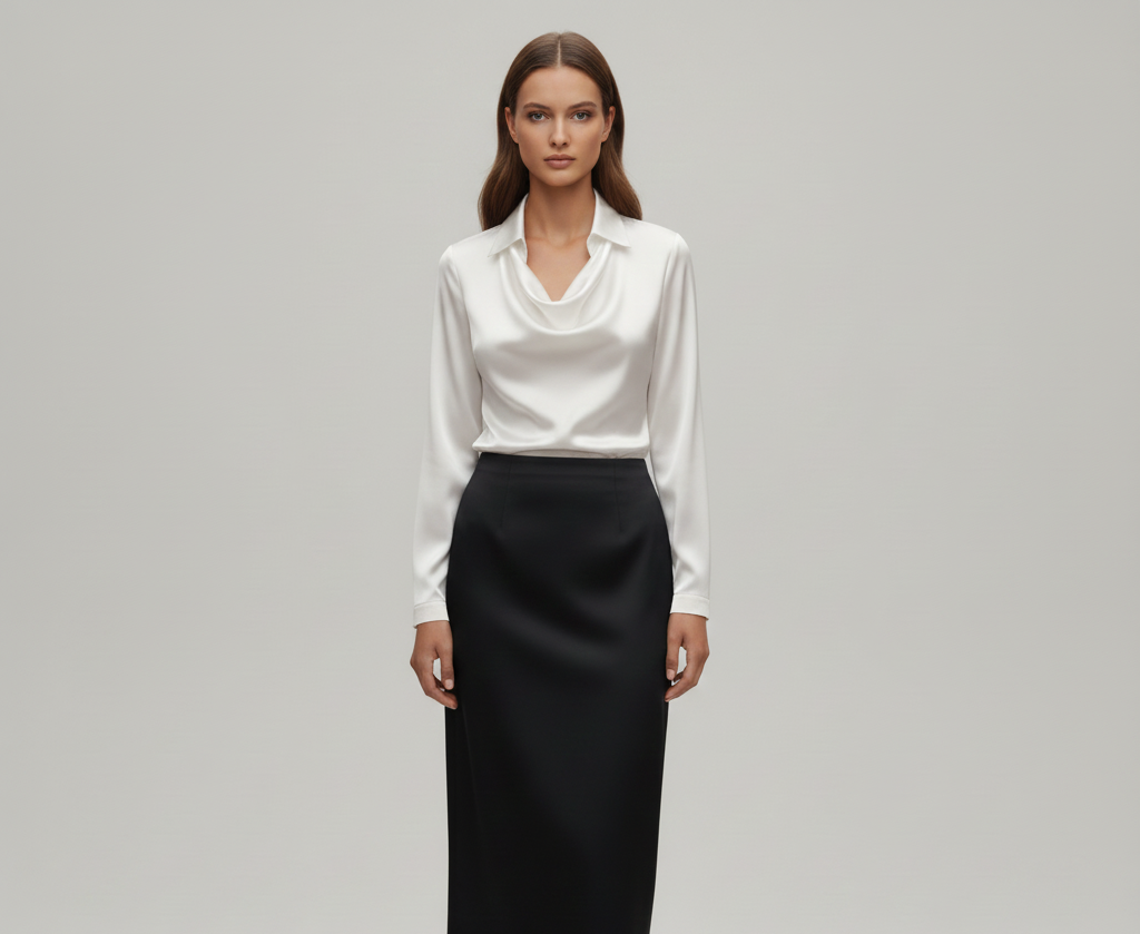 Woodland Elegant satin blouse with soft draped collar for women | Valerios