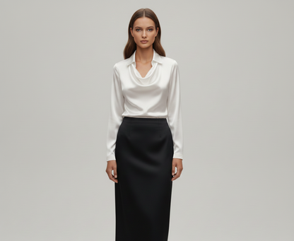 Woodland Elegant satin blouse with soft draped collar for women | Valerios