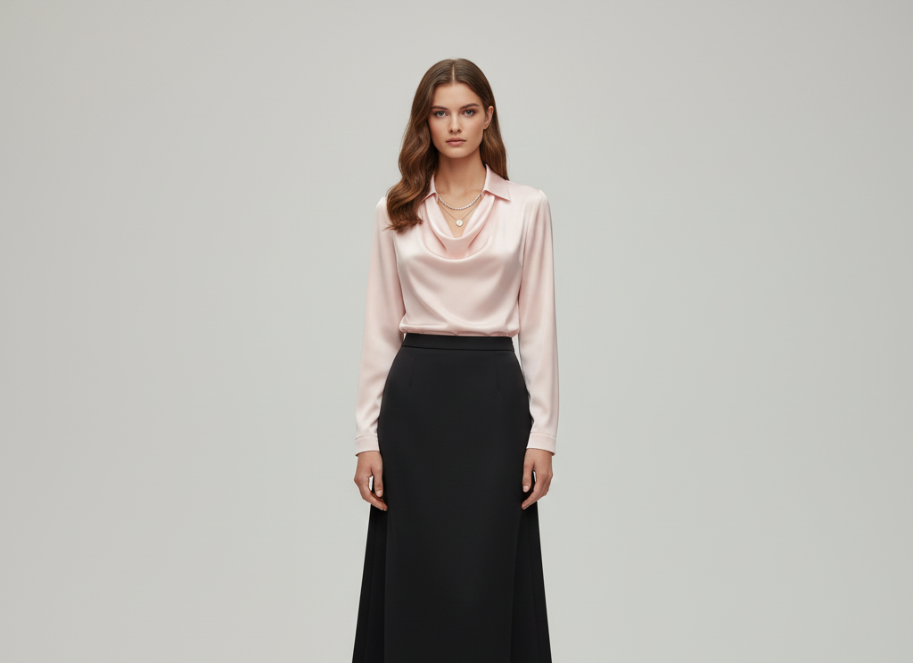 Woodland Elegant satin blouse with soft draped collar for women | Valerios