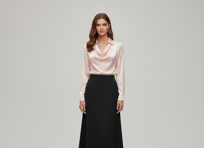 Woodland Elegant satin blouse with soft draped collar for women | Valerios