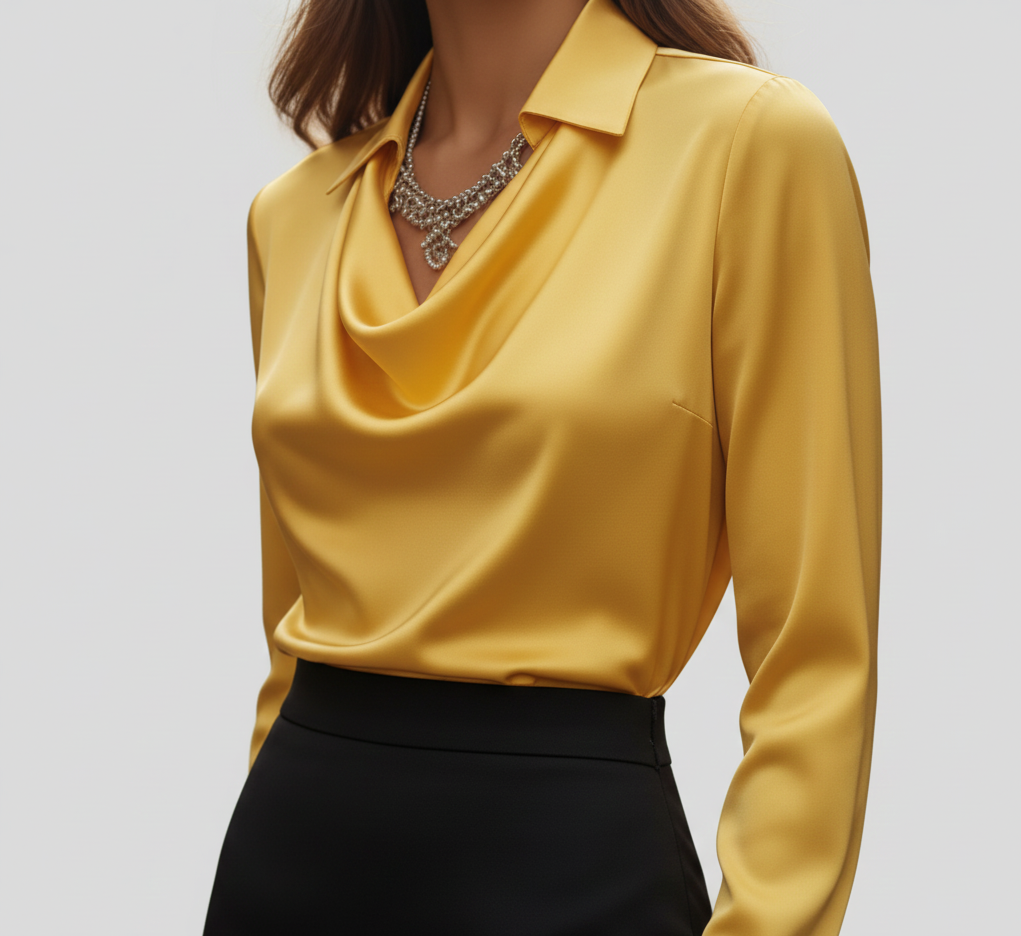 Woodland Elegant satin blouse with soft draped collar for women | Valerios
