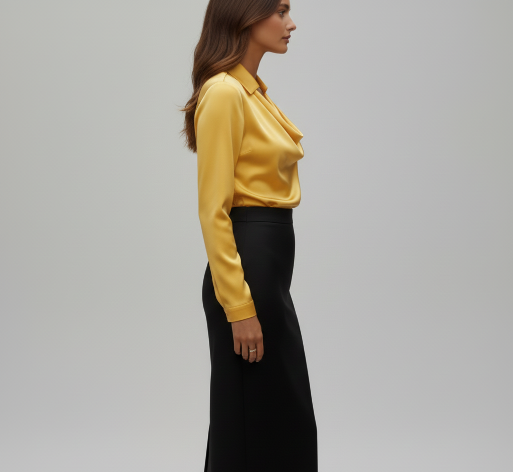 Woodland Elegant satin blouse with soft draped collar for women | Valerios