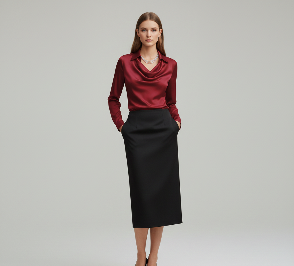 Woodland Elegant satin blouse with soft draped collar for women | Valerios