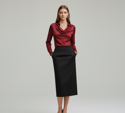 Woodland Elegant satin blouse with soft draped collar for women | Valerios