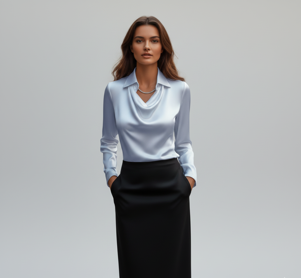 Woodland Elegant satin blouse with soft draped collar for women | Valerios