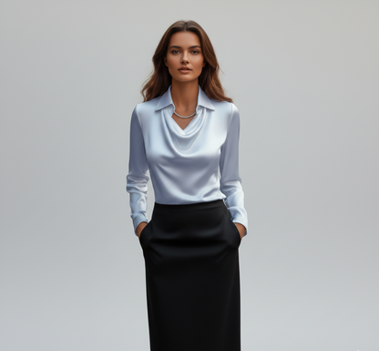 Woodland Elegant satin blouse with soft draped collar for women | Valerios