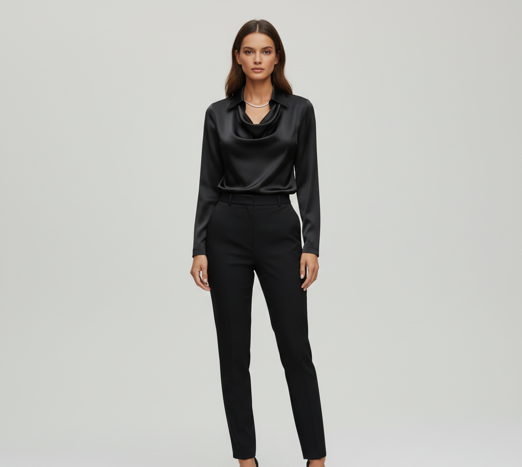Woodland Elegant satin blouse with soft draped collar for women | Valerios