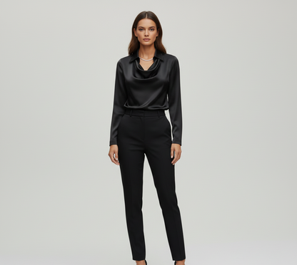 Woodland Elegant satin blouse with soft draped collar for women | Valerios