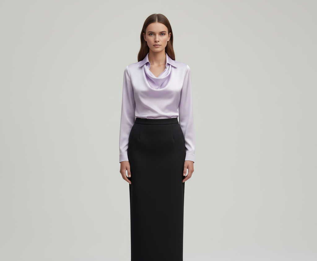 Woodland Elegant satin blouse with soft draped collar for women | Valerios