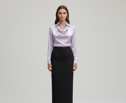 Woodland Elegant satin blouse with soft draped collar for women | Valerios