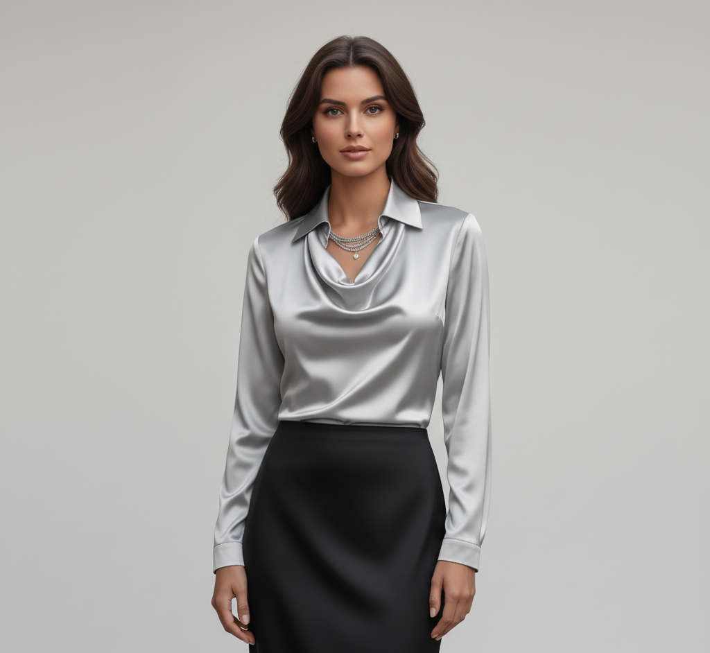 Woodland Elegant satin blouse with soft draped collar for women | Valerios