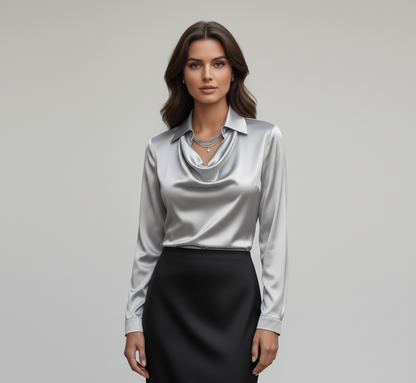 Woodland Elegant satin blouse with soft draped collar for women | Valerios