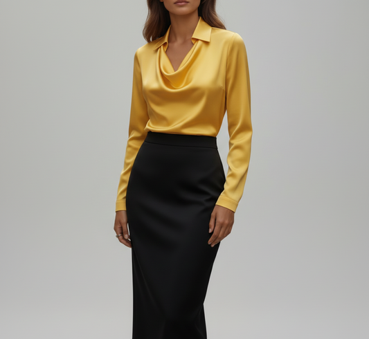 Woodland Elegant satin blouse with soft draped collar for women | Valerios