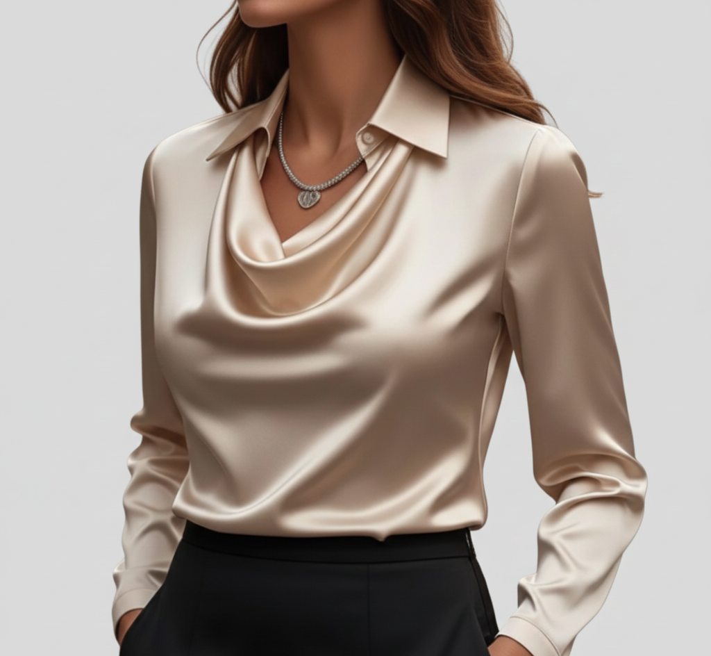 Woodland Elegant satin blouse with soft draped collar for women | Valerios