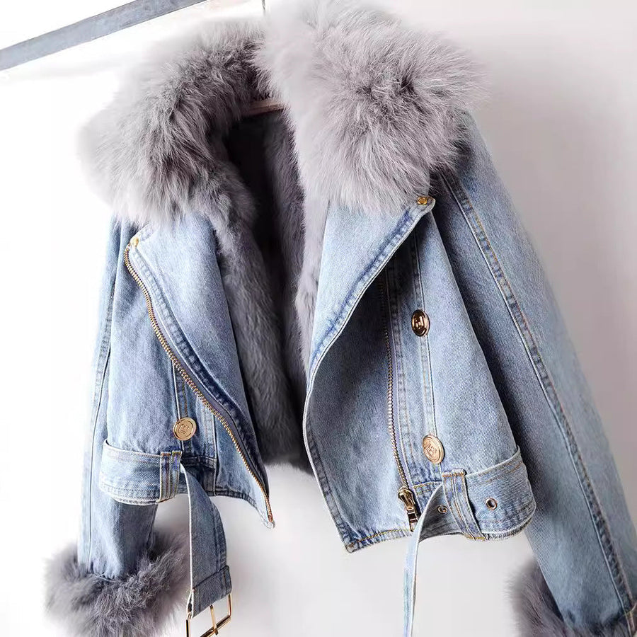 Minimalist Cropped Denim Jacket With Fur Trim For Women | Valentina