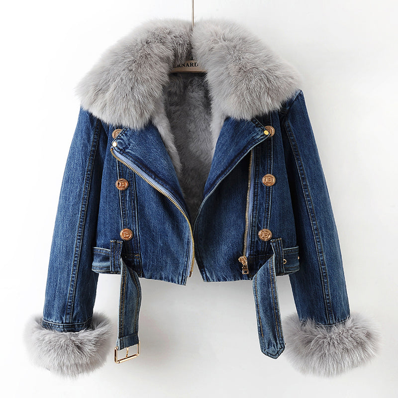 Minimalist Cropped Denim Jacket With Fur Trim For Women | Valentina
