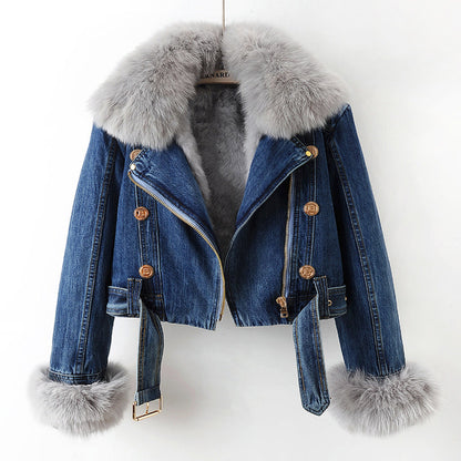 Minimalist Cropped Denim Jacket With Fur Trim For Women | Valentina
