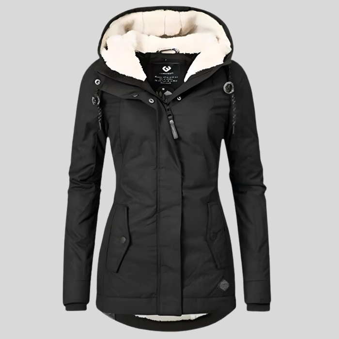 Quietly Waterproof hooded jacket with long silhouette for women | Madelyn