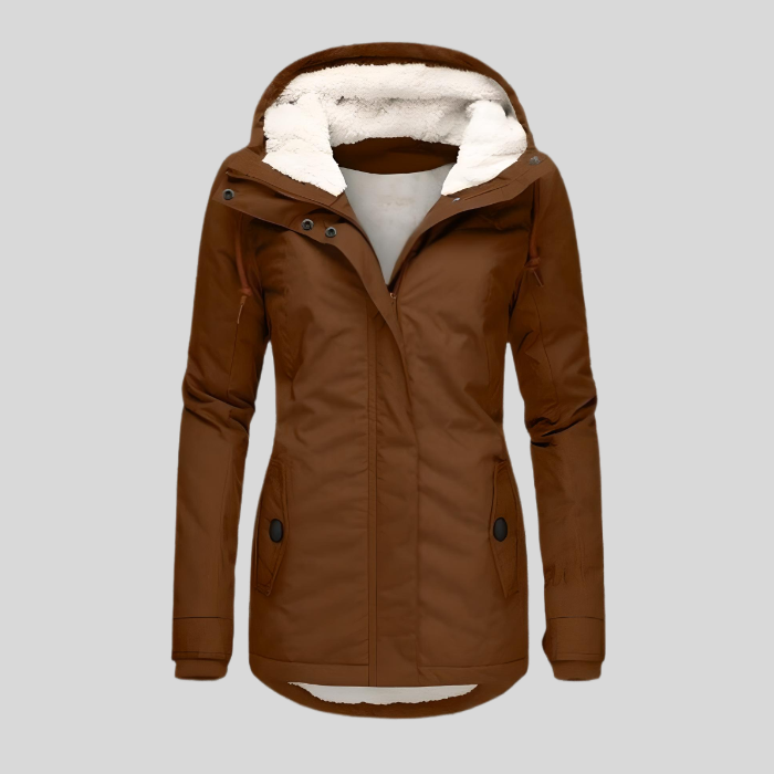 Quietly Waterproof hooded jacket with long silhouette for women | Madelyn