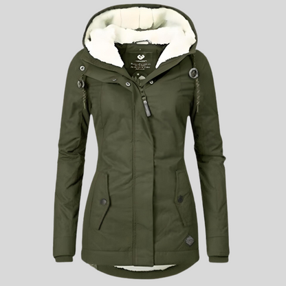 Quietly Waterproof hooded jacket with long silhouette for women | Madelyn