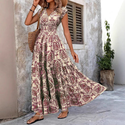 Saturated Chic V Neck Shirred Boho Dress For Women | Isadora