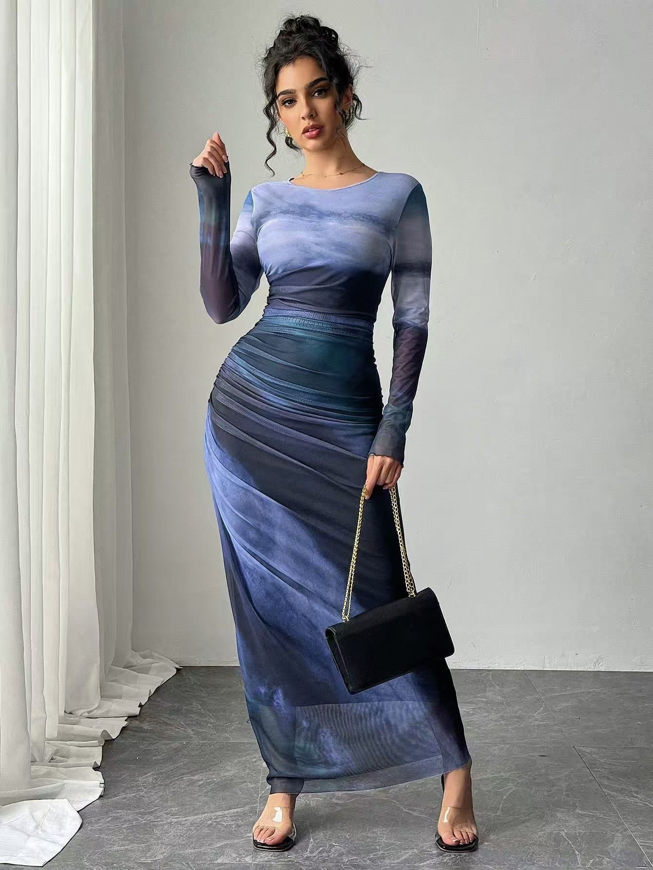 Harbor Printed Long Sleeve Bodycon Long Dress For Women | Arissa