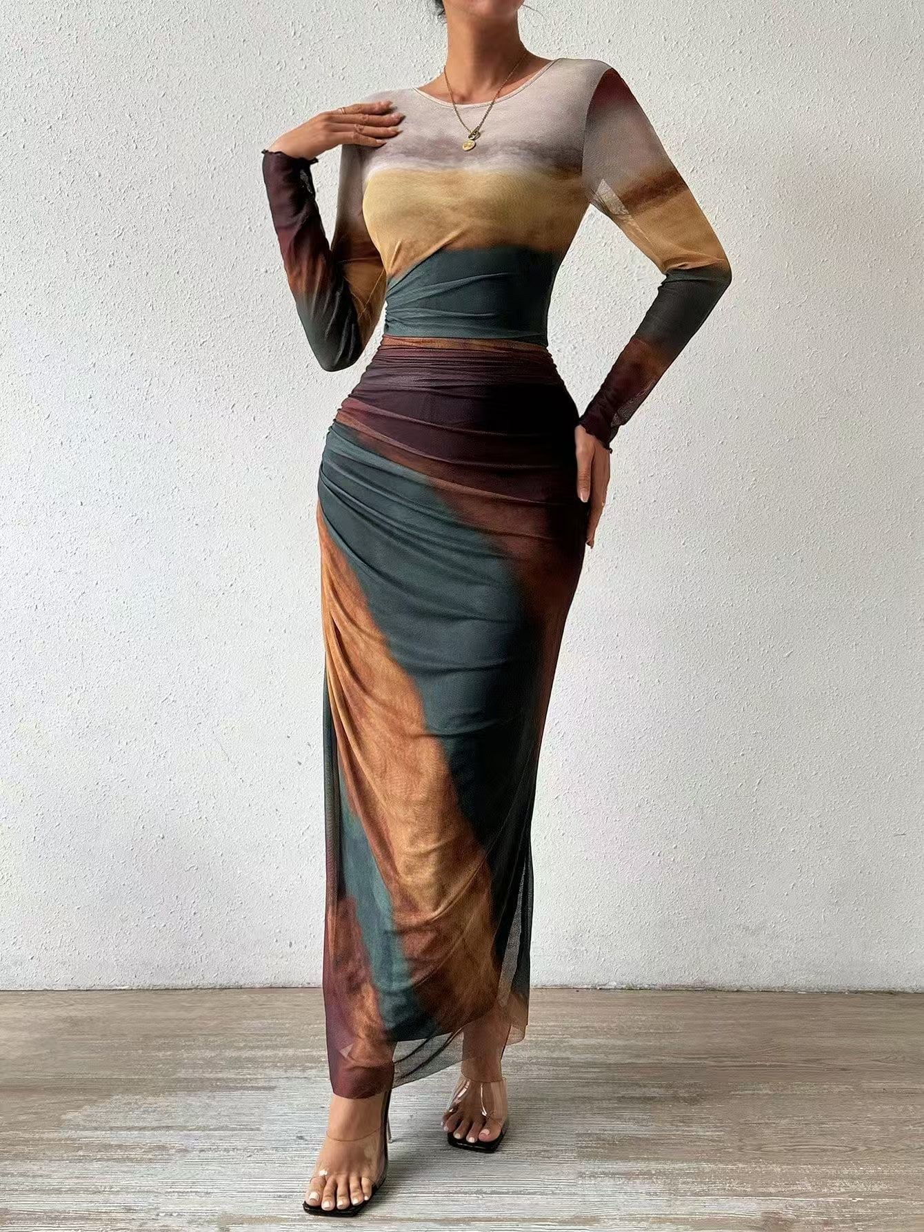 Harbor Printed Long Sleeve Bodycon Long Dress For Women | Arissa