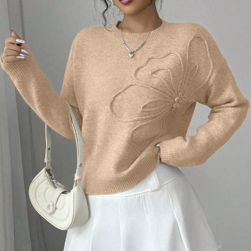 Mild Floral Embossed Crew Neck Sweater For Women | Mirevella