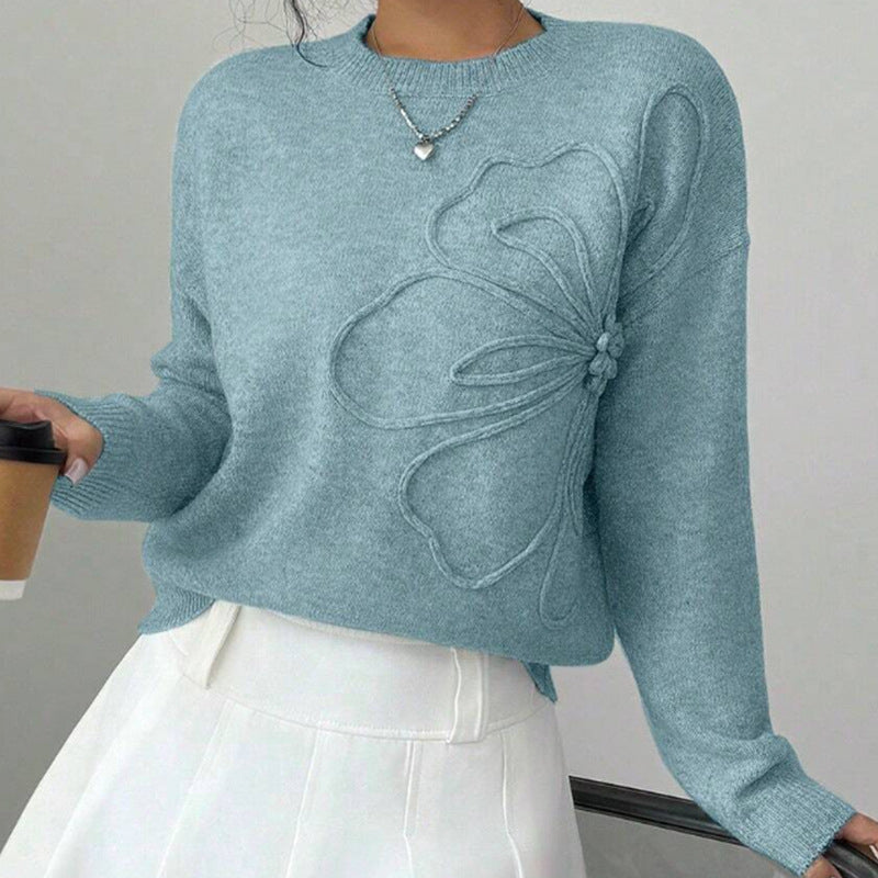 Mild Floral Embossed Crew Neck Sweater For Women | Mirevella