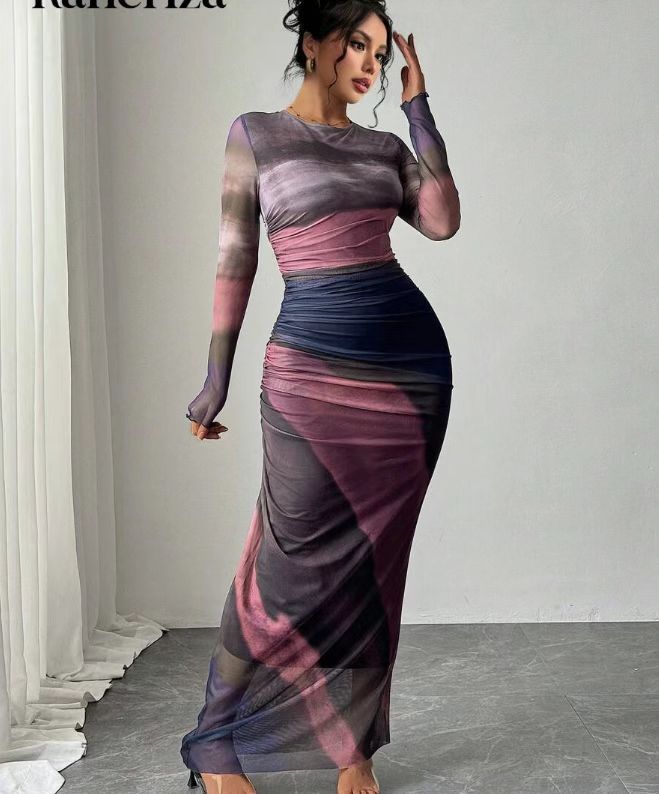 Harbor Printed Long Sleeve Bodycon Long Dress For Women | Arissa