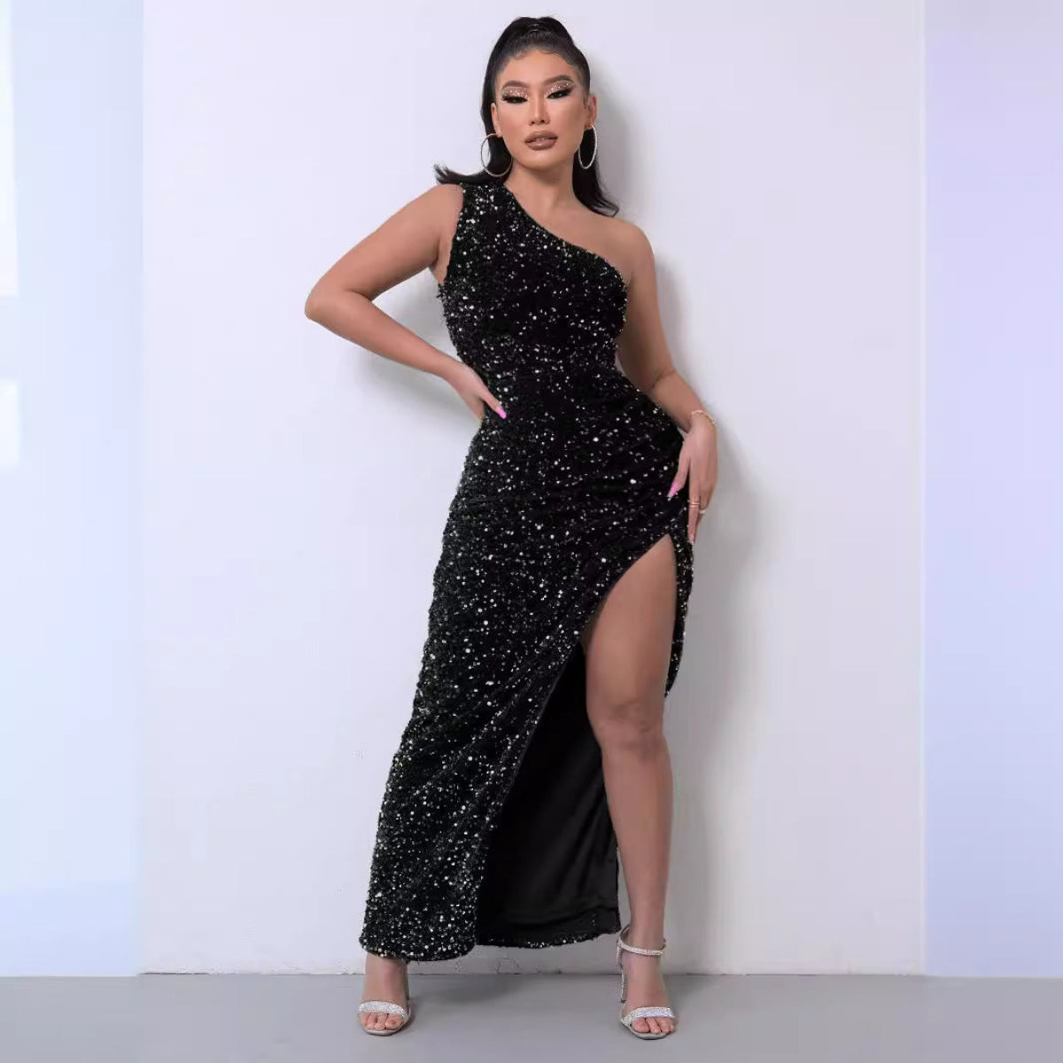 Sculptural One Shoulder Sequin Long Dress For Women | Zarelle