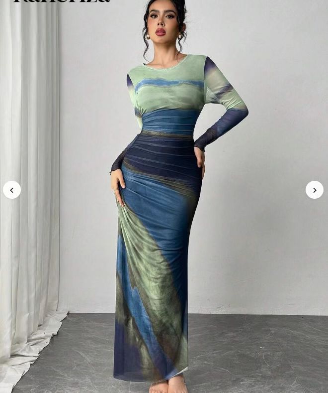 Harbor Printed Long Sleeve Bodycon Long Dress For Women | Arissa
