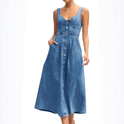 Victorian Sleeveless Button Front Denim Dress For Women | Alvera