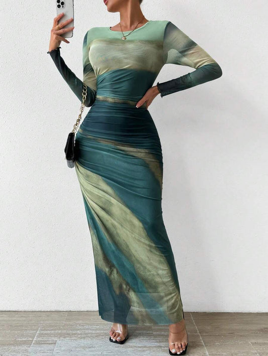 Harbor Printed Long Sleeve Bodycon Long Dress For Women | Arissa