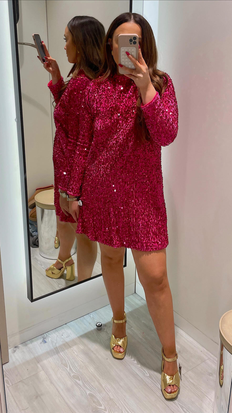 Oversized Elegant Sequin Dress With Fitted Round Neck And Long Sleeves For Women | Bellarise