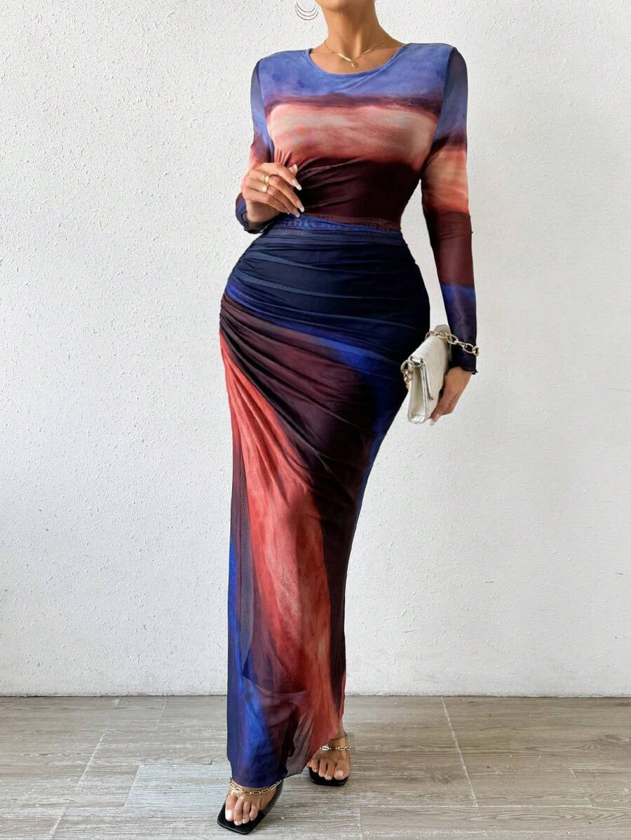 Harbor Printed Long Sleeve Bodycon Long Dress For Women | Arissa
