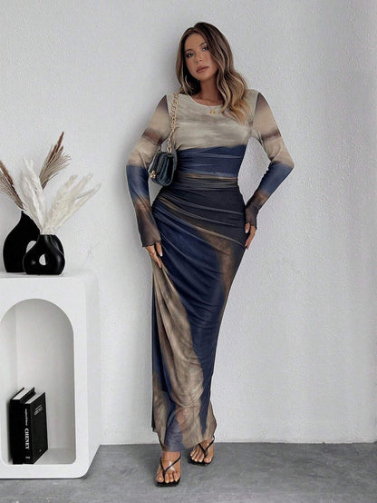 Harbor Printed Long Sleeve Bodycon Long Dress For Women | Arissa